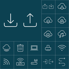 thin line upload, download icon on blue background, web internet