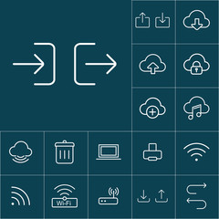 thin line upload, download icon on blue background, web internet