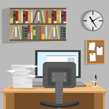 Designed modern workspace at home with desk, monitor, bookshelf, wallclock and pile of papers