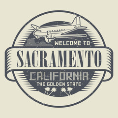 Stamp with airplane and text Welcome to California, Sacramento