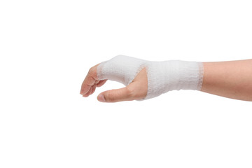 Injured painful hand with white gauze bandage. isolated on white