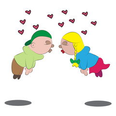 Cartoon love scene of two kids in love floating to be kissed