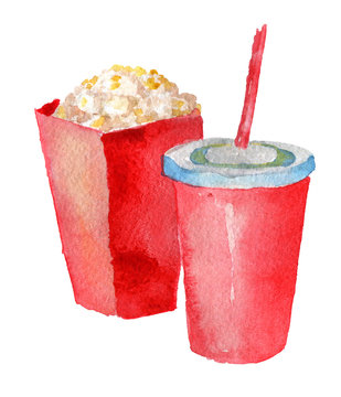 Watercolor Sketch Of Paper Cups With Drink And Popcorn On White Background