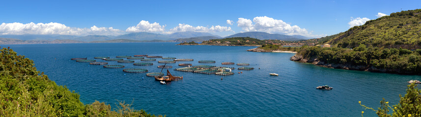 Panoramic view of fish farming near Kassiopi town. Corfu Island. Greece. Europe. © vivoo