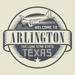 Stamp or tag with airplane and text Welcome to Texas, Arlington