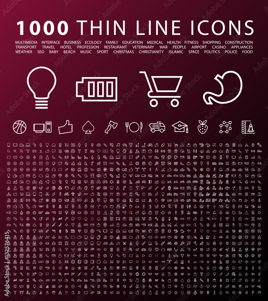 Poster set of 1000 isolated minimal modern simple elegant black icons. vector elements on dark background.