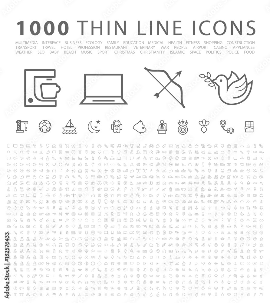 Poster set of 1000 isolated minimal modern simple elegant black icons. vector elements on white background.
