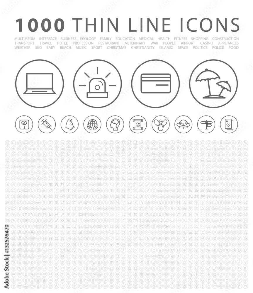 Poster set of 1000 isolated minimal modern simple elegant black icons on circular buttons. vector elements 