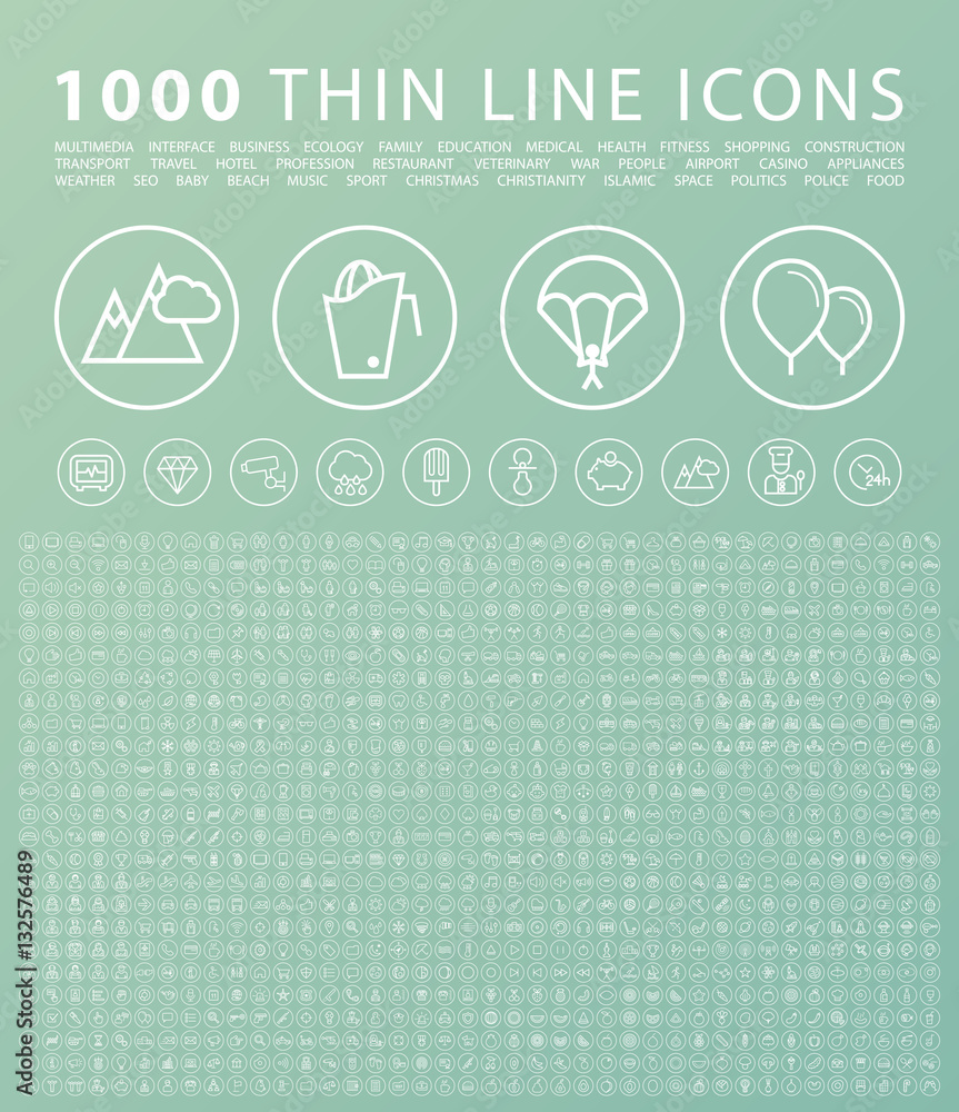 Poster set of 1000 isolated minimal modern simple elegant white icons on circular buttons. vector elements 