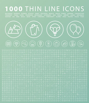 Set of 1000 Isolated Minimal Modern Simple Elegant White Icons on Circular Buttons. Vector Elements on Green Background.
