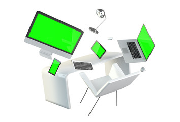 3D rendering flying workplace with laptop phone and tablet