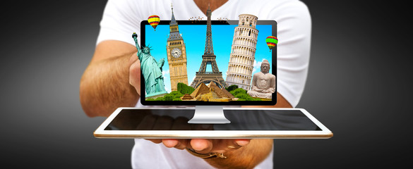 Man travelling the world with his computer