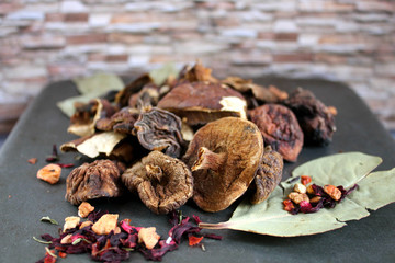 Dried mushrooms on the background of a stone wall