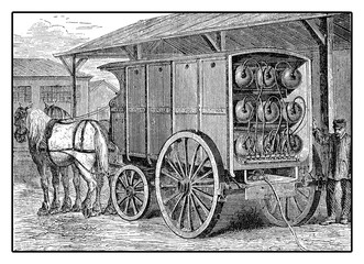 Fototapeta na wymiar XIX century engraving, horse drawn vehicle transporting compressed gas containers