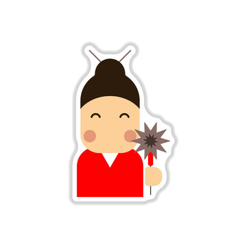 Vector illustration of Chinese new year celebration in paper sticker style Chinese woman in traditional headdress with sparkler