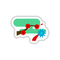 Vector illustration of Chinese new year celebration in paper sticker style tree blossoming branch and fireworks