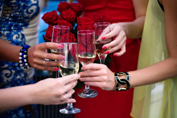 Girls clinking glasses of champagne at the party