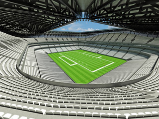 Fototapeta na wymiar 3D render of large football stadium with white seats and VIP boxes