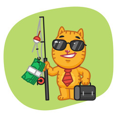 Cat Businessman Holding Fishing Rod with Money