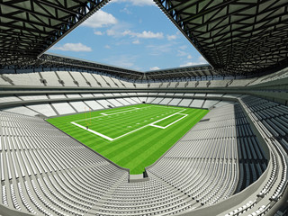 3D render of large football stadium with white seats and VIP boxes