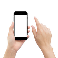 hand touching smartphone screen isolated on white, mock up phone