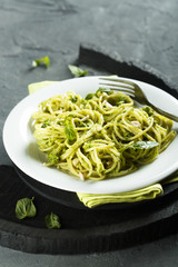 Pasta with fresh homemade pesto sauce