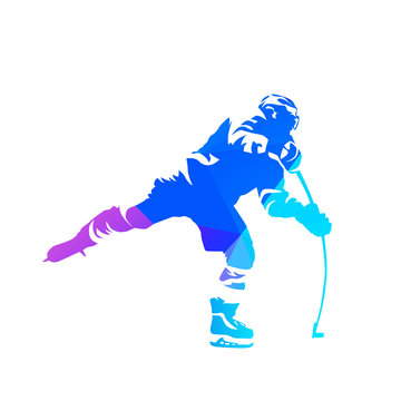 Shooting ice hockey player, abstract blue vector silhouette