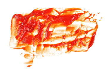 red ketchup splashes isolated on white background, tomato puree texture