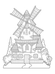 Windmill vector drawing coloring book for adults