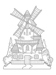 Naklejka premium Windmill vector drawing coloring book for adults