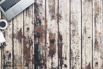 Top view of Business still life on old wooden table background.