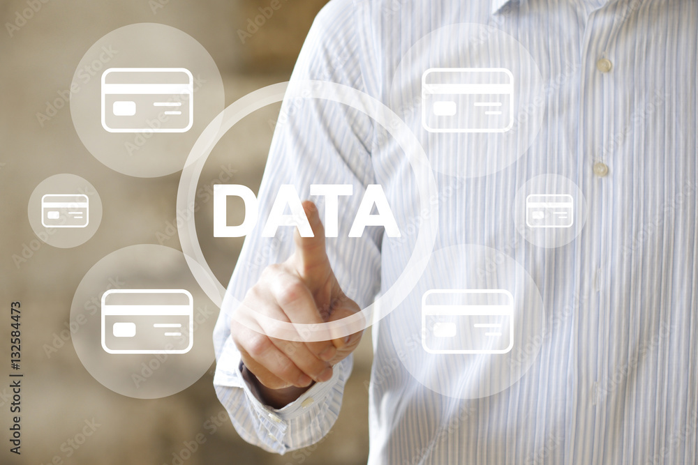 Poster businessman pushing button data icon credit card web network