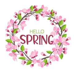 Wreath from spring flowers. Blossoming branches of apple-tree or cherry in form of round frame for the text. - 132584808
