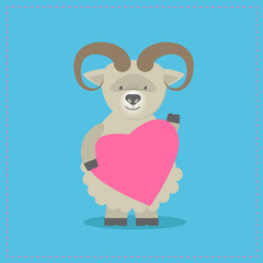 Sheep holding a heart. Plush toy lamb with heart. Gift. Postcard on Valentine's Day, birthday, Mother's Day. Vector cartoon