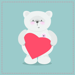Teddy bear holding a red heart. Gift card on the day of St. Valentine, Mother's Day. Vector cartoon isolated