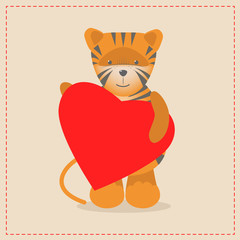Tiger holding a heart. Plush toy tiger with heart. Gift. Postcard on Valentine's Day, birthday, Mother's Day. Vector cartoon