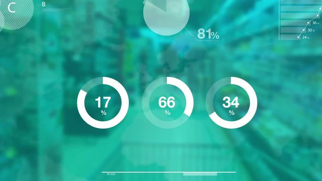 Supermarket or hypermarket smart shopping, using new technologies and infographics statistical data with charts and diagrams to analyze purchase habits of customers