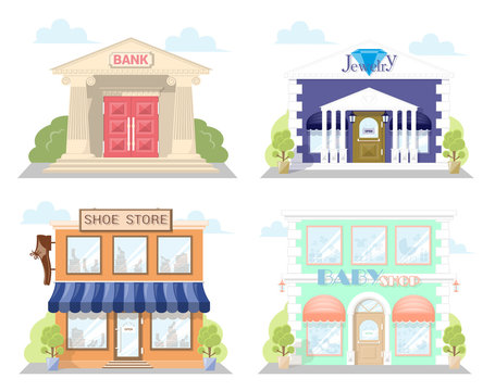 Set of front facade buildings: bank, baby shop, shoe story and jewelry with a sign, awning and symbol in shopwindow. Abstract image in a flat design. Vector illustration isolated on white background