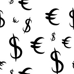 Black dollar and euro money different sizes. Seamless pattern. Vector illustration
