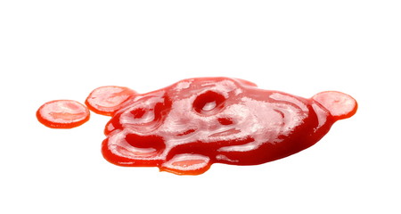 red ketchup splashes isolated on white background, tomato puree texture