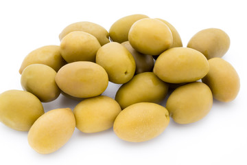 Green big olives on the white background.