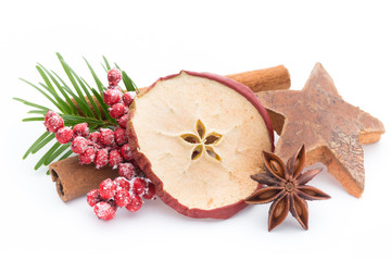 Christmas spices. Apple, anise, stars, cinnamon, pine. Isolated