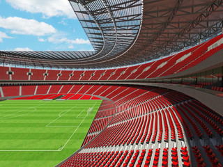 3D render of a round football -  soccer stadium with red seats and VIP boxes