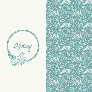 vector set with blue seamless vector pattern with leaves and berries and a card with hand drawn word spring in a circle floral frame