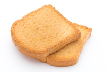 Slices of toast bread on wooden table, top view.