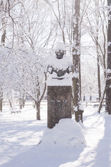 Bem statue covered in snow in Warsaw park Lazienki during winter