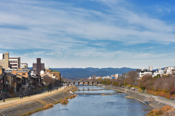 Kamo river from Shijo bridge kyoto Japan