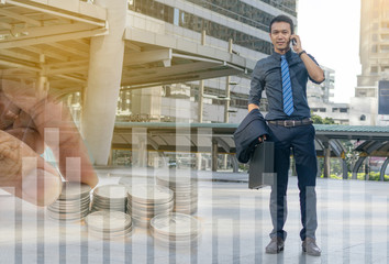 businessman in a suit speaking on smartphone.