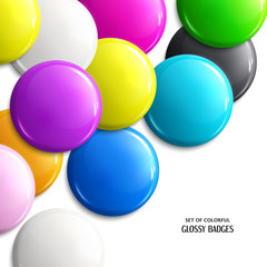 Vector set of blank, brightly colored glossy badges or web button. Yellow, orange, blue, purple, magenta, green, pink, black, white color. Vector.