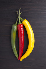 yellow, green and red hot chili peppers
